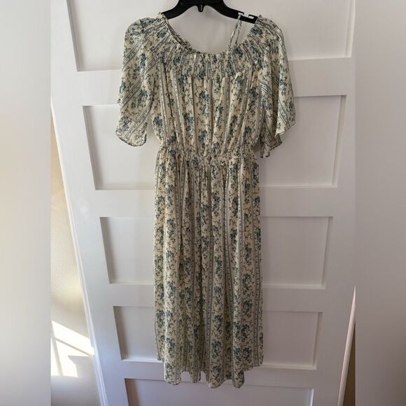 POL Dresses & Skirts - POL Floral off the shoulder with mini straps Cream and Blue Dress